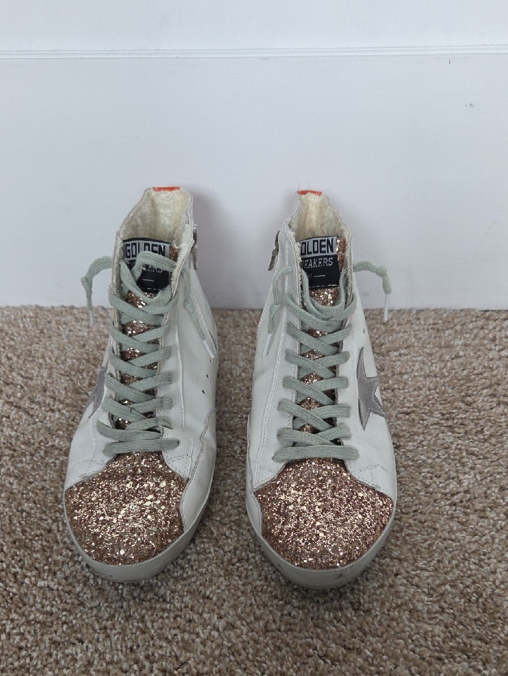 Golden Goose White High-Top Sneakers with Rose Gold Glitter Toes